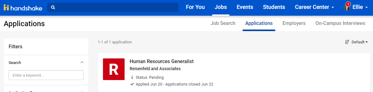 screenshot of Handshake Job Applications page